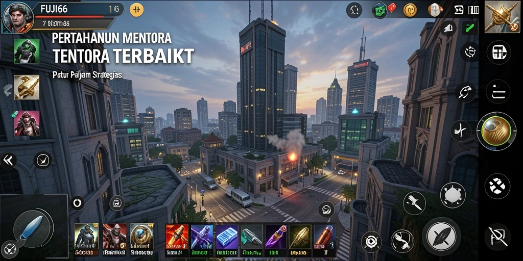 Tampilan gameplay FUJI66 yang menarik dengan berbagai menara dan musuh.