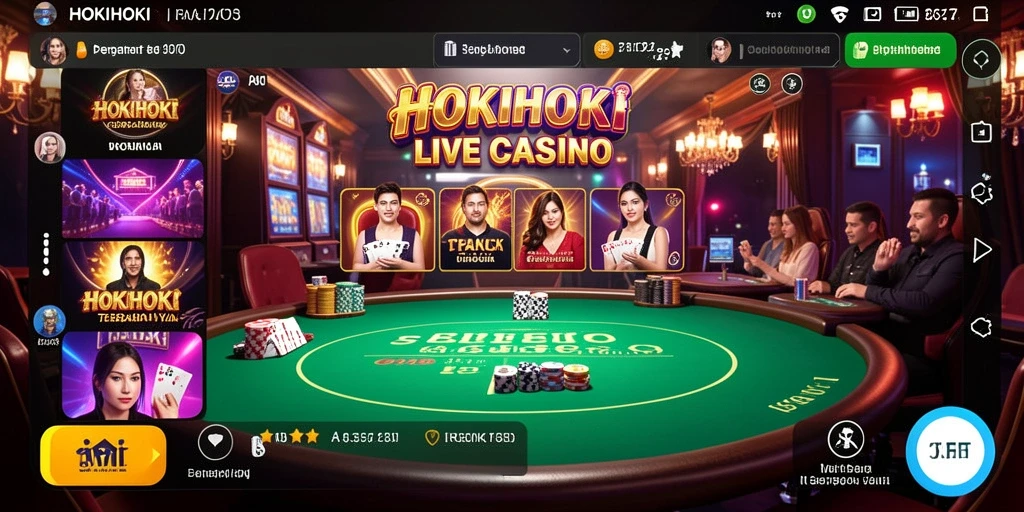 Screenshot HOKIHOKI menunjukkan dealer sedang berinteraksi dengan pemain dalam permainan Live Casino.