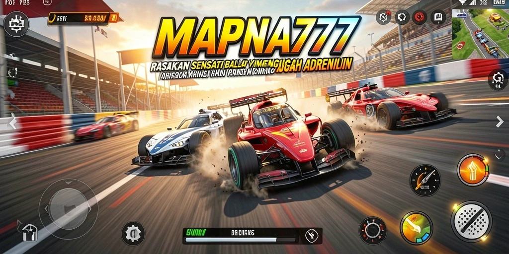 Tangkapan layar gameplay MAPNA777 menampilkan mobil balap yang melaju kencang di trek.