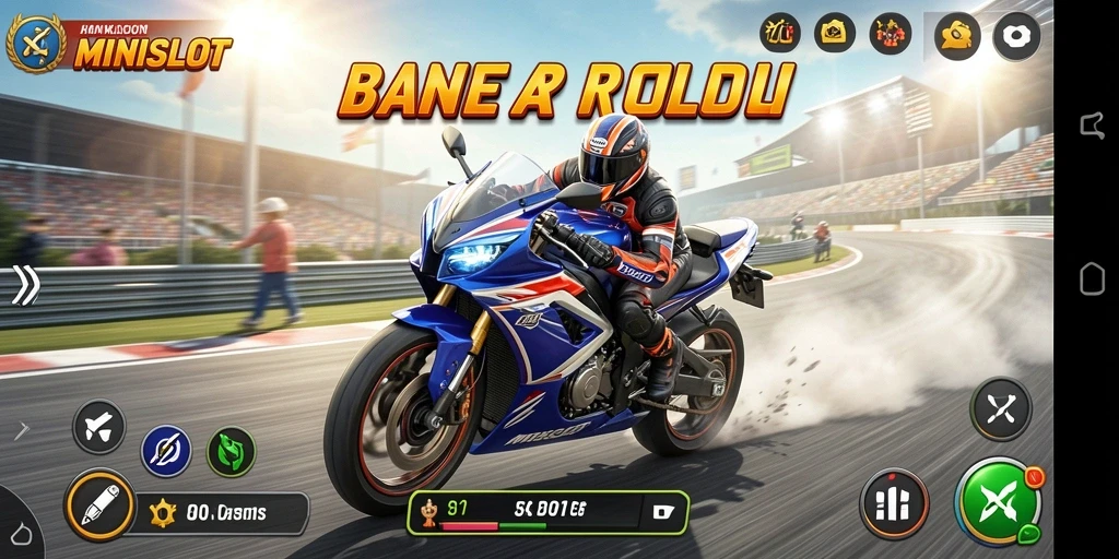 Tampilan gameplay <strong>MINISLOT</strong> menghadirkan suasana balap motor yang memukau dan mendebarkan.