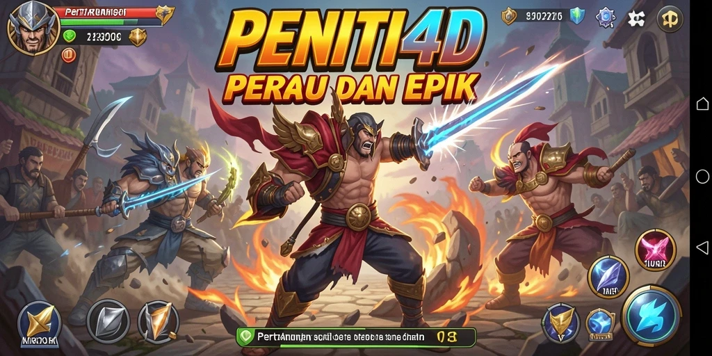 Screenshot gameplay PENITI4D menampilkan pertarungan epik dan karakter yang dinamis.