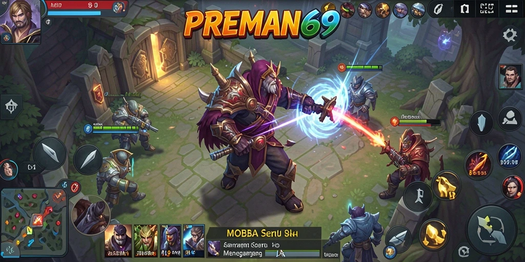 Screenshot permainan PREMAN69 menampilkan karakter yang bertempur di arena MOBA.