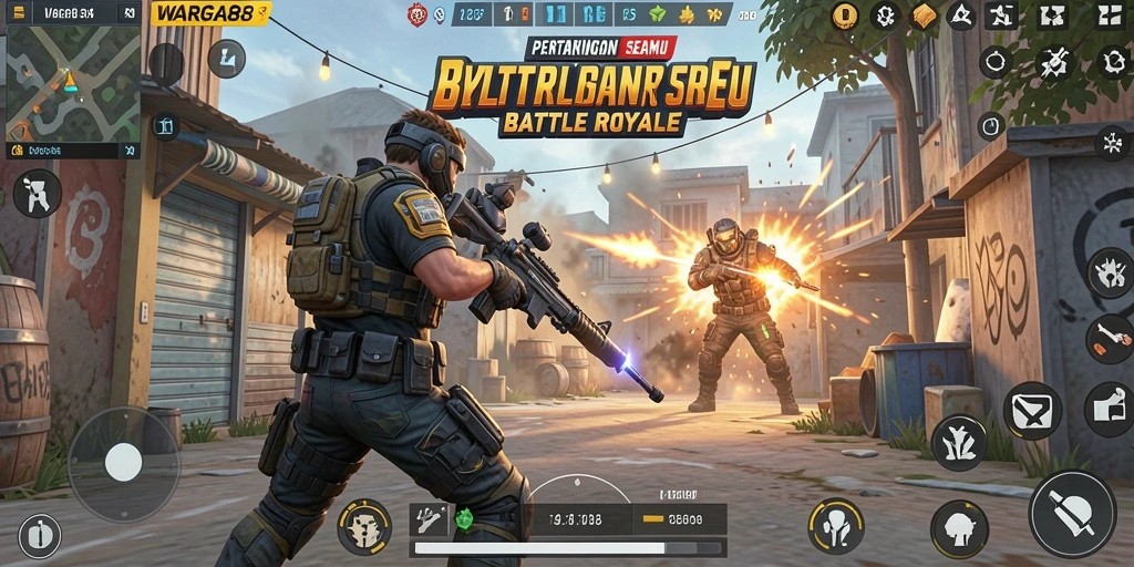 Tampilan seru dari gameplay WARGA88 dalam pertempuran Battle Royale.